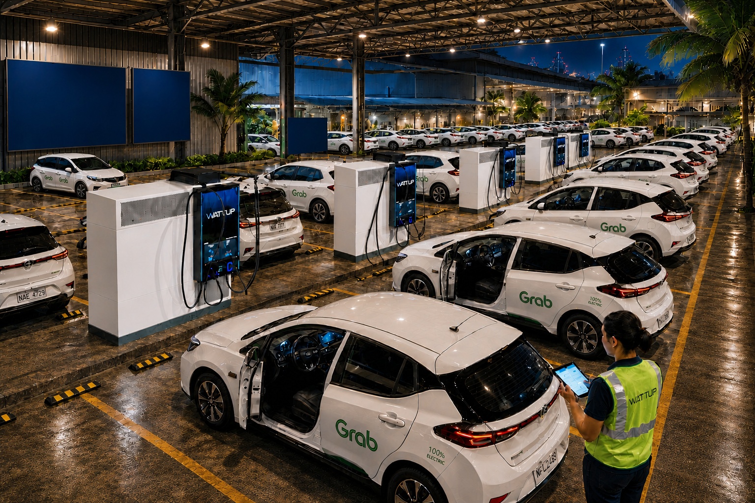 Wide nighttime view of a covered WattUp charging depot filled with Grab electric vehicles under warm operational lighting in the Philippines.